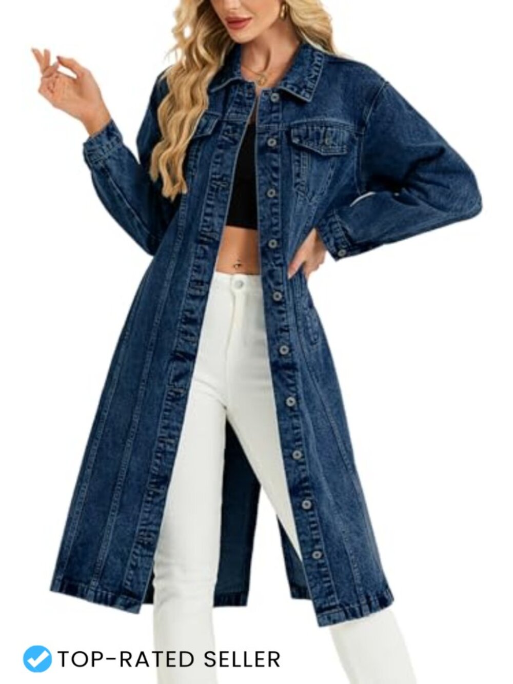 Women Denim Jacket Midi Long Jean Trench Coat With Pockets